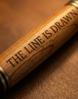 Wooden object with 'The Line is Drawn' engraved on a brown leather background