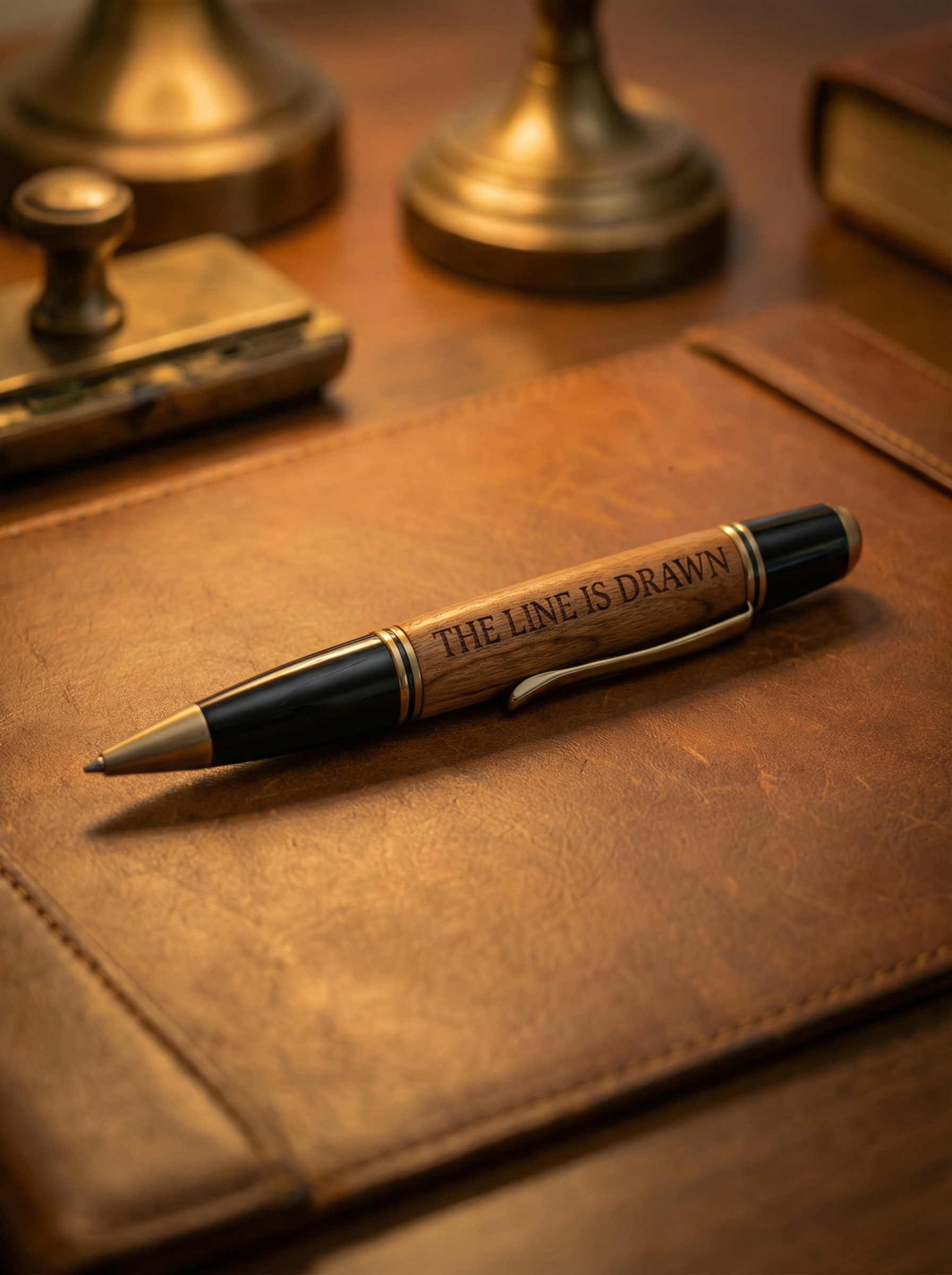 Pen with engraved text on a leather surface
