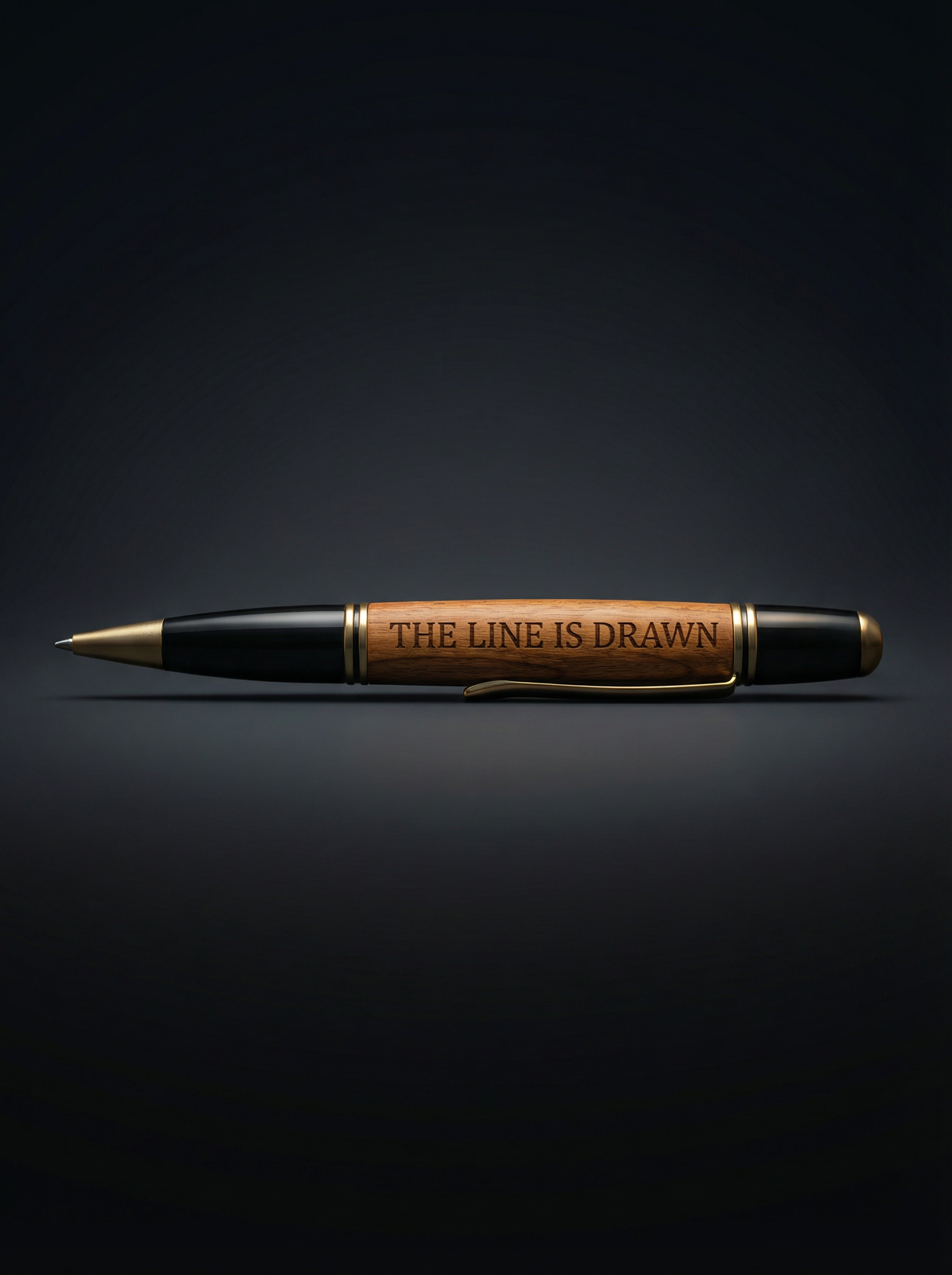 Pen with 'The Line is Drawn' engraving on a black background