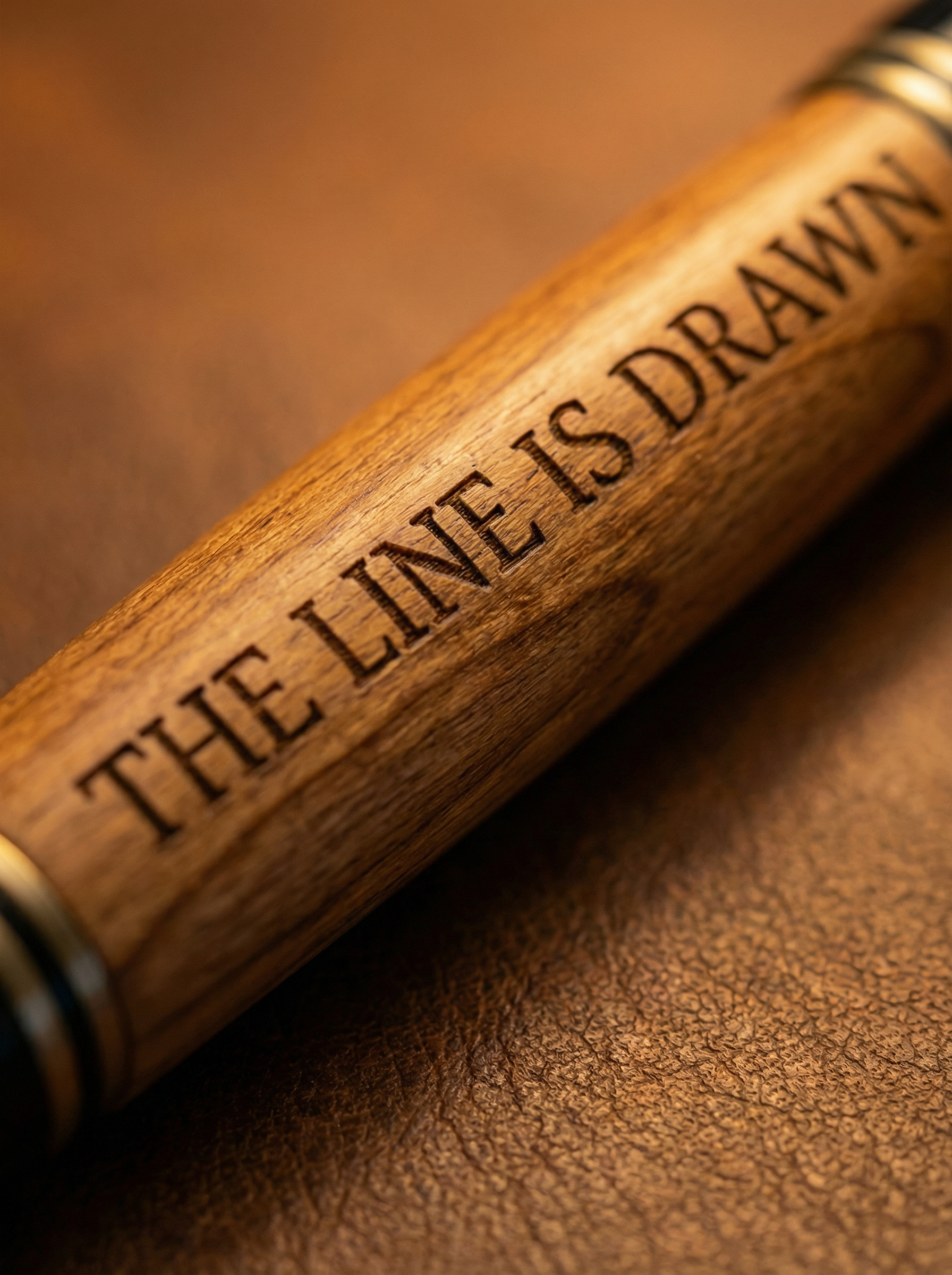 Wooden object with 'The Line is Drawn' engraved on a brown leather background